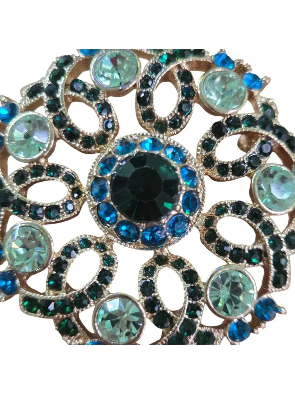 Mid Century Vintage Round Jewel Tone Stone Brooch Stunning Costume Jewelry 1.5